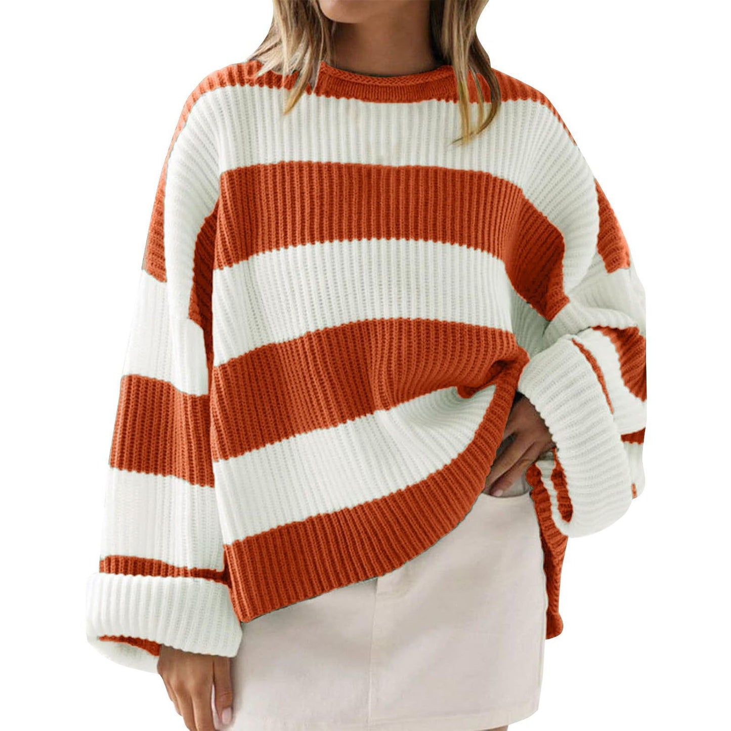 Loose Striped Sweater Fashion Casual Long Batwing Sleeve Round Neck Pullover Knit Tops Women Clothing